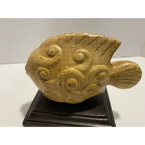 Fish Figurine on Wood Block Ceramic 8" Beach House Neutral Coastal Decor - Picture 3 of 8